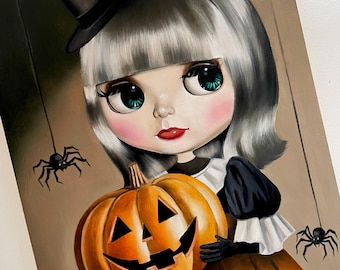 Blythe Oil Painting on wood panel / "Gourd Morning!" / trick or treat / spells / witch & pumpkin / mabs drawlloween / LAYAWAYS possible