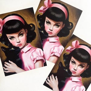 5 x kunstpostkaarten / Sabrina en Salem / heksenmeisje / the craft / griezelige zwarte kat griezelig schattig / wenskaart / drawlloween