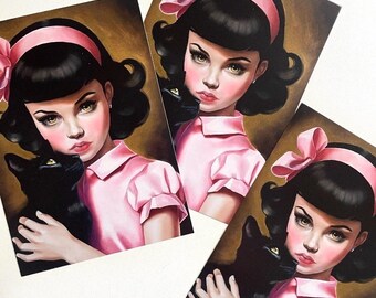 5 x art postcards / Sabrina and Salem / witchy girl / the craft / spooky black cat creepy cute / greetings card / drawlloween