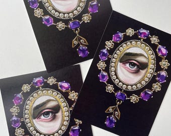 5 x art postcards / Lovers Eye / memento mori / Georgian miniature art / amethyst / crystals / creepy cute / greetings card / thankyou card