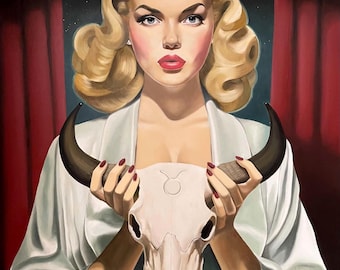 Origineel olieverfschilderij op houten paneel met de tekst TAURUS / femme fatale pin-up / stierschedel / sterrenbeeld / astrologie