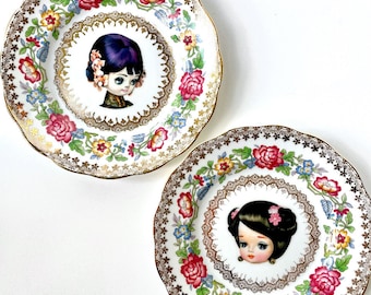 PAIR of Pose Dolls art on Vintage Plates / wall decor - signed on reverse / Altered Art / Big Eyes / Bradley Doll / Japanese Chinese