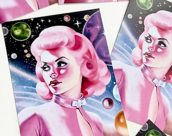5 x art postcards / Retro Space Girl Pin Up / Lowbrow Pop Art / space moon planets / greetings or thankyou card / use it for any message :)
