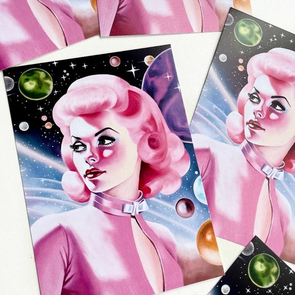 5 x art postcards / Retro Space Girl Pin Up / Lowbrow Pop Art / space moon planets / greetings or thankyou card / use it for any message :)