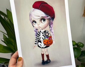 Blythe Doll / Pumpkin / A4 art print / 'Raspberry Beret' / trick or treat / doll art / candy kitsch