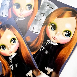 5 cartoline artistiche con bambola Blythe / luna piena con strega e vampiro / dolcetto o scherzetto con zucca di Halloween / arte con bambola / biglietto di auguri / club mabs drawlloween