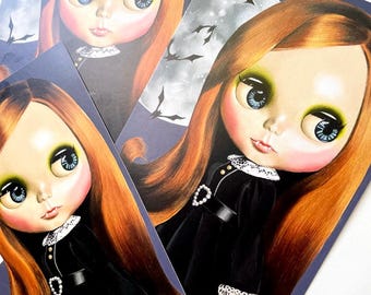 5 x Blythe Doll art postcards / vampire witch full moon / Pumpkin Halloween Trick or Treat / Doll Art / note card / mabs drawlloween club