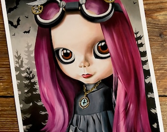 Blythe Doll / Steampunk Pink Hair Gothic Girl / A4 art print / 'Raven' / witchcraft / doll art / drawlloween / vampire