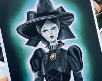 Wicked Witch of the West / A4 art print / 'Elphaba' / witchcraft / doll art / drawlloween / silkstone vintage doll
