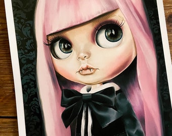 Blythe Doll / Vampire Pink Hair Gothic Girl / A4 art print / 'The Girl Necks Door' / witchcraft / doll art / drawlloween / vampire