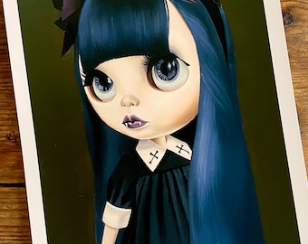 Blythe Doll / Vampire Blue Hair Gothic Girl / A4 art print / 'Happy Fangsgiving' / witchcraft / doll art / drawlloween / vampire