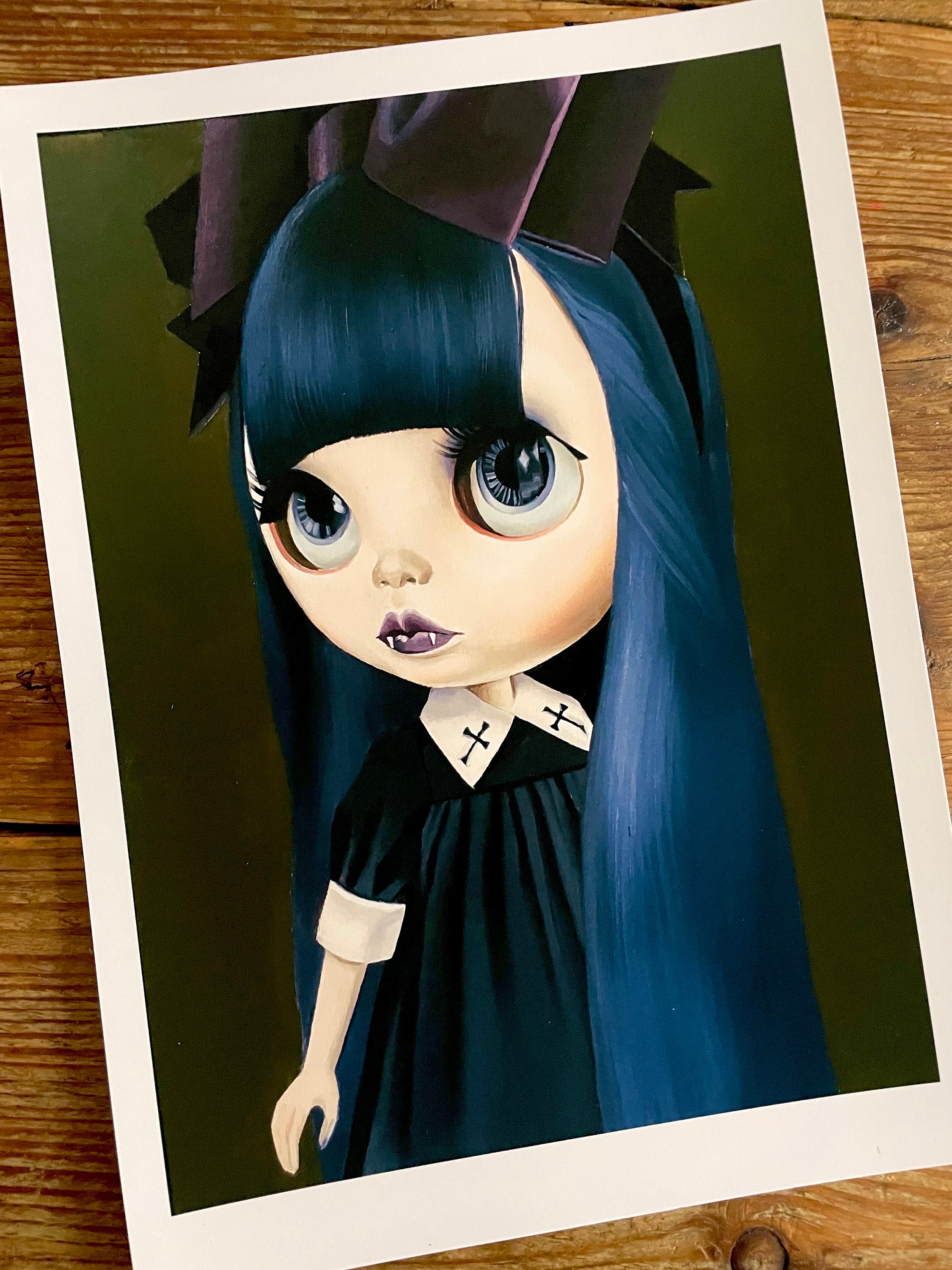 Blythe Doll Vampire Blue Hair Gothic Girl A4 art print 'Happy  Fangsgiving' witchcraft doll art drawlloween vampire