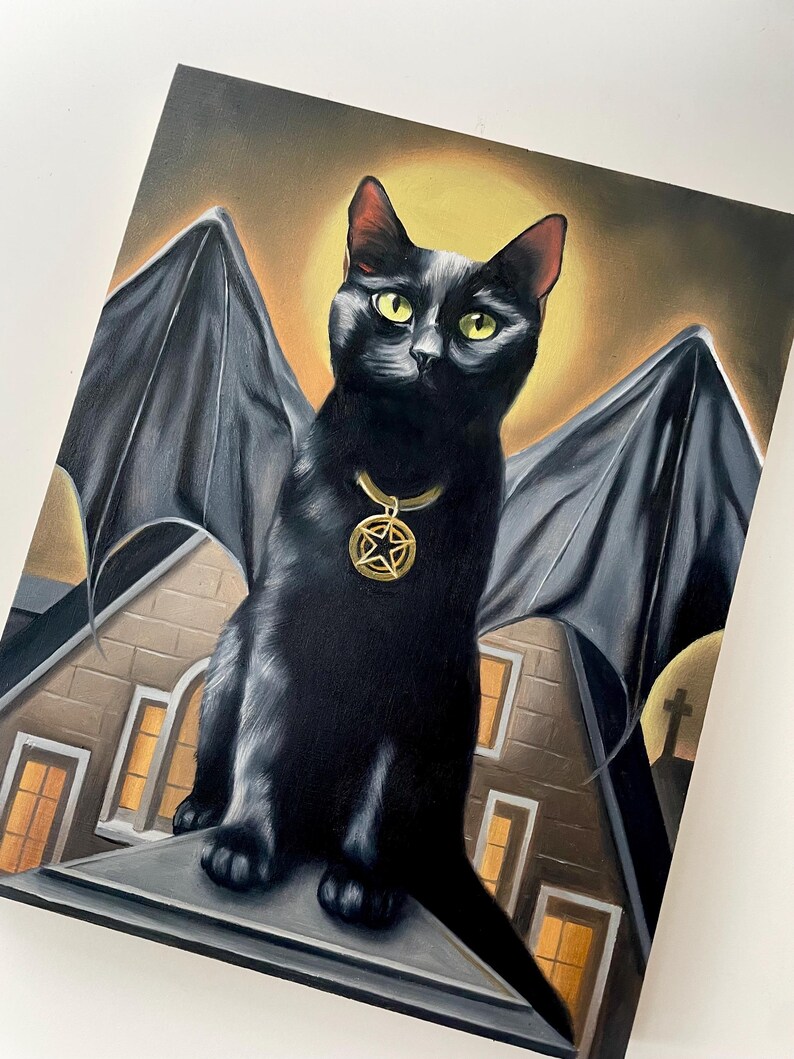 Oil Painting on Wood Panel / Spooky Black Cat Vampire Bat Cryptid