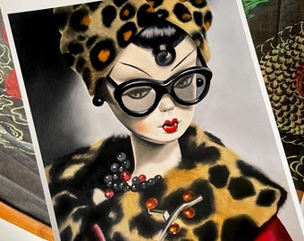 Vampire Doll Art / A4 art print / 'Shady Lady' / witchcraft / mabsdrawlloweenclub / fangs bats leopard print