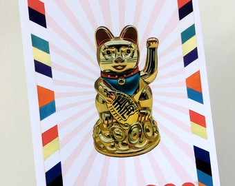 Lucky Cat A4 Art Prints / 'Maneki Neko' / waving cat / Japanese Chinese / gold cat / good luck charm