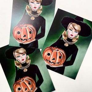5 postales artísticas / Vintage Silkstone / Estilo Barbie / Calabaza de Halloween Truco o trato / Arte de muñeca / Tarjeta de felicitación / drawlloween