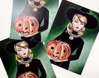 5 x art postcards / Vintage Silkstone / Pumpkin Halloween Trick or Treat / Doll Art / greetings card / drawlloween