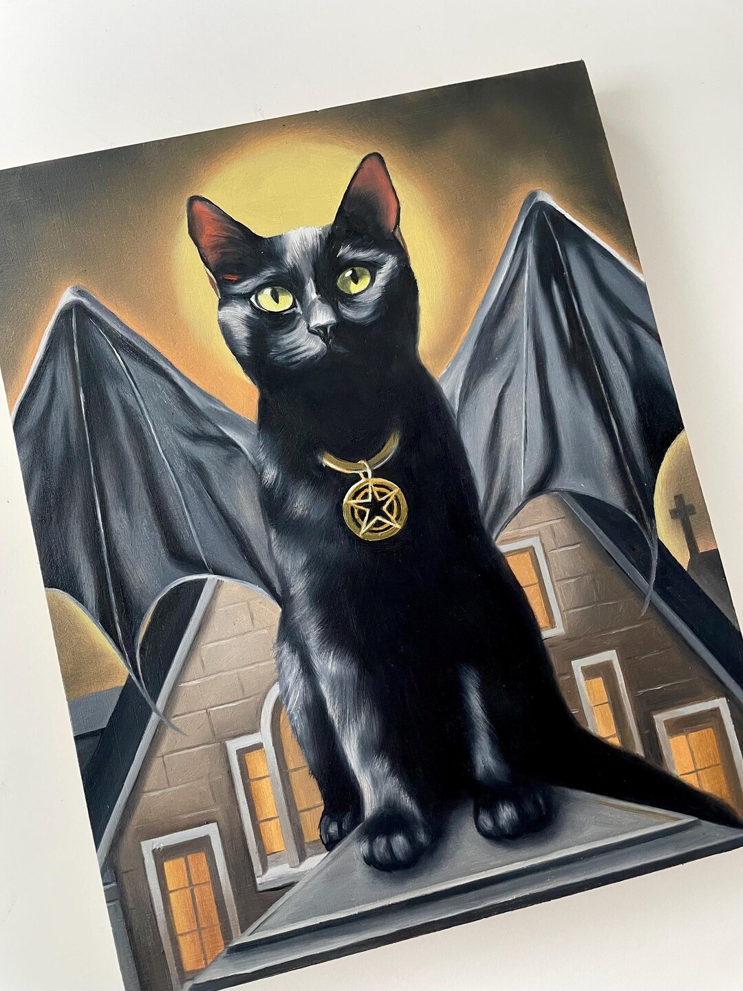 Oil Painting on Wood Panel / Spooky Black Cat Vampire Bat Cryptid