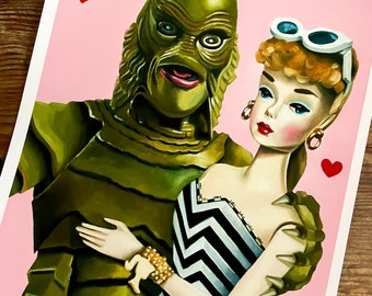 Doll & Creature from the Black Lagoon / A4 art print / 'Love at First Fright' / witchcraft / silkstone doll art / drawlloween