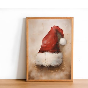 Santa Hat Printable Wall Art | Vintage Christmas Print | Rustic Dark Holiday Wall Decor | Santa Claus Hat Painting Seasonal Winter Wall Art