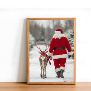 Santa Claus Reindeer Wall Art Print, Santa Christmas Gifts Forest Snowfall in Winter Printable Christmas Home Decor, Digital Download