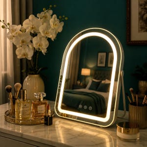 May include: A white, arched vanity mirror with a bright LED border. The mirror is on a marble surface, next to makeup brushes, perfume bottles, and a vase of white orchids. The mirror has three touch-sensitive buttons.