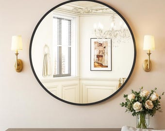 24" Black Round Wall Mirror – Modern Aluminum Frame, Shatterproof