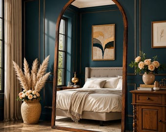 Oversized Arched Floor Mirror, 82"x44" Antique Walnut Wood Frame, Leaning Wall Mirror