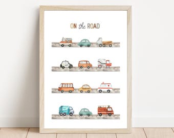 Vehicle Nursery Art – Transportation Wall Decor – Kids Room Digital Download – Watercolour Car Poster – Playroom Printable