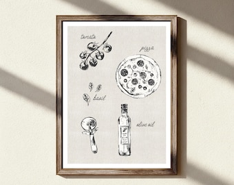 Vintage Pizza Kitchen Print | Italian Food Wall Art | Tomato Basil Olive Oil Illustration | Rustic Digital Download | Aesthetic Decor