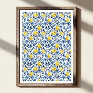 Zitrone-Küche Poster: Mediterrane Fliesen, blau & gelb (digitaler Download)