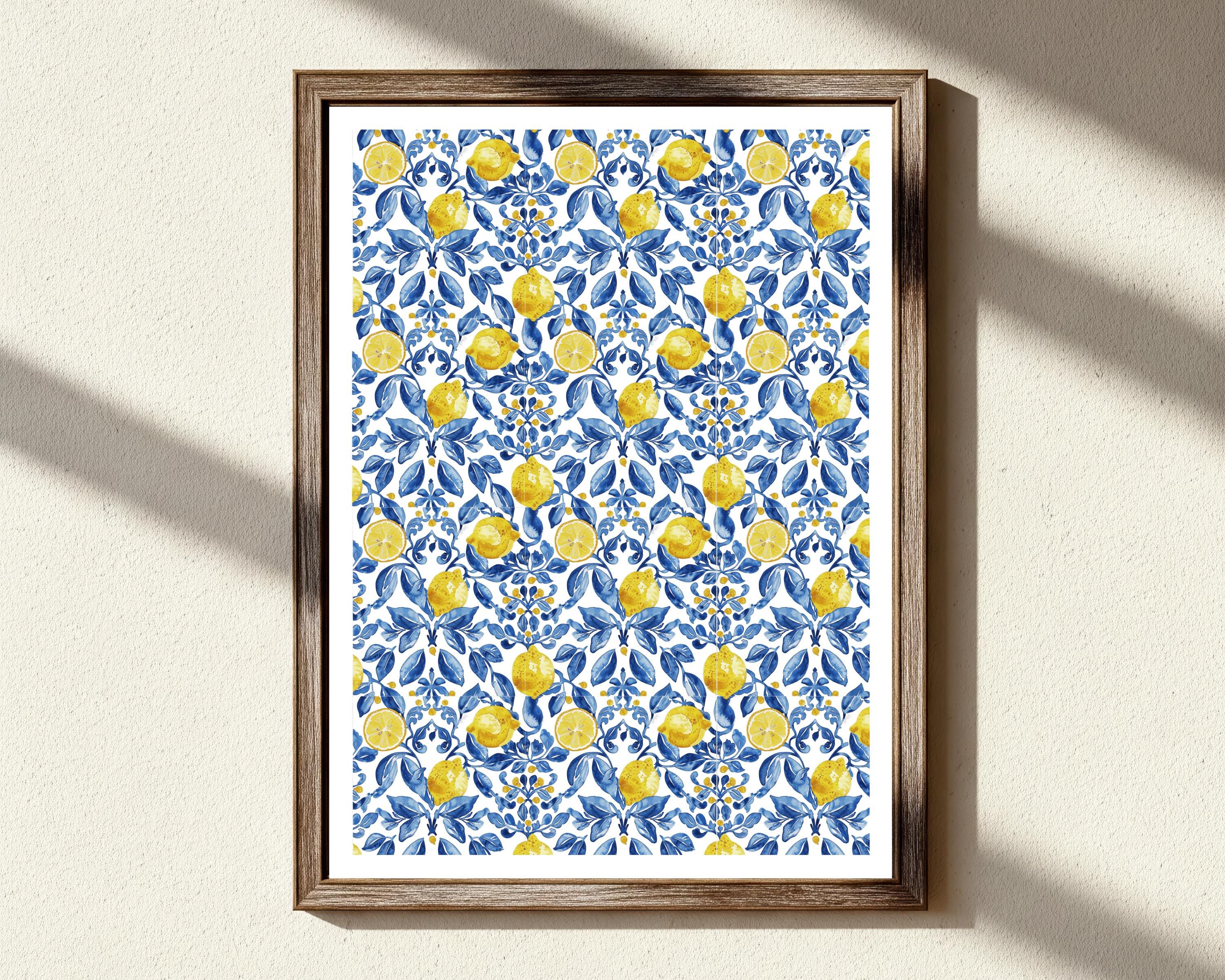 Lemon Kitchen Wall Art, Blue and Yellow Fruit Print, Mediterranean Watercolour Poster, Italian Tile Style, Citrus Wall Decor
