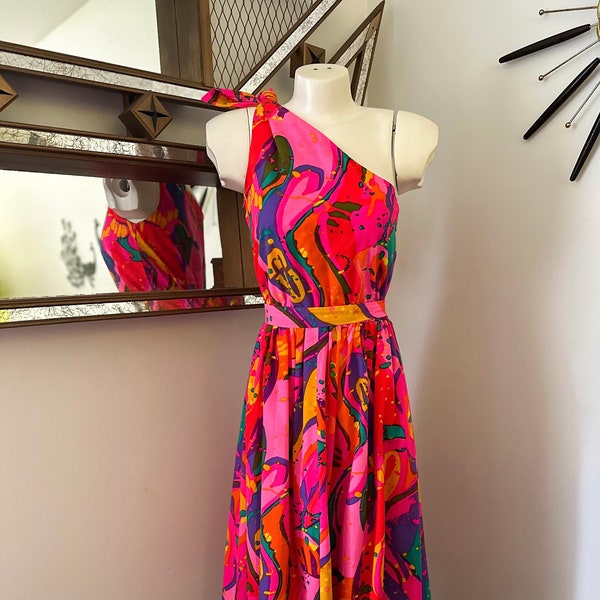 Vintage 60s Bright Pink One Shoulder Dress