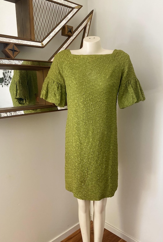 Vintage 60s Mod Textured Crepe Flutter Sleeve Gre… - image 1
