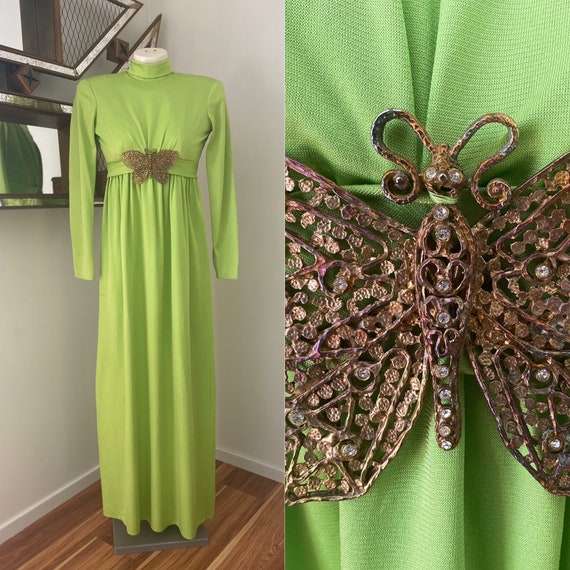 Vintage 70s Maxi Green Butterfly Dress - image 1