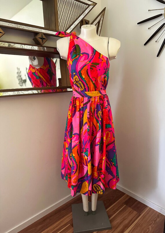 Vintage 60s Bright Pink One Shoulder Dress