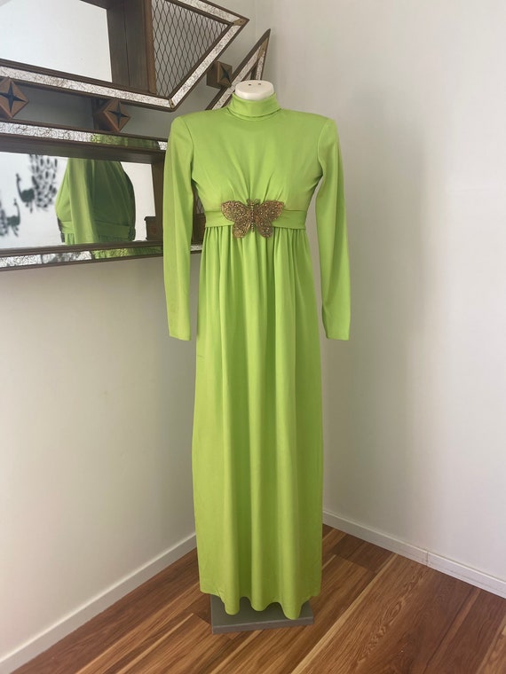 Vintage 70s Maxi Green Butterfly Dress - image 2