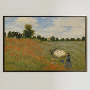 May include: Framed art print of a pastoral scene with a field of red poppies. The painting depicts figures in a field, a blue sky with clouds, and a black frame. The artwork is displayed in a modern living room setting.