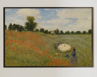 Totoro in een veld met klaprozen Art Print – Studio Ghibli schilderij parodie, grappige Cottagecore kunst aan de muur, Monet-geïnspireerd Ghibli-decor