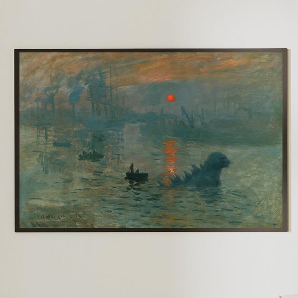 Godzilla in Monet's Sunrise Art Print – Funny Impressionist Painting Parody, Kaiju Wall Decor, Classic Art Mashup for Nerdy Home