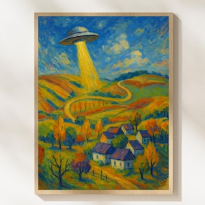 Impressionist UFO Art Print – Funny Sci-Fi Countryside Painting, Alien Abduction in a Dreamy Village, Quirky Gift for Art Lovers