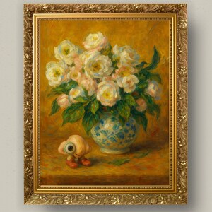 Könnte beinhalten: Gerahmtes Ölgemälde mit einem Strauß weißer und rosa Rosen in einer blau-weißen Vase. Eine skurrile, einäugige Kreatur mit roten Schuhen steht vor der Vase. Das Gemälde hat einen goldenen, verzierten Rahmen.