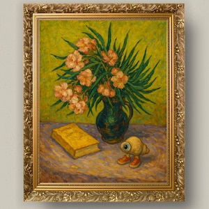 Pode incluir: Pintura emoldurada que retrata uma natureza morta com um vaso de flores cor de pêssego e um livro. Uma criatura caprichosa com um único olho e sapatos vermelhos está por perto. A pintura tem uma moldura dourada e um fundo amarelo-esverdeado.