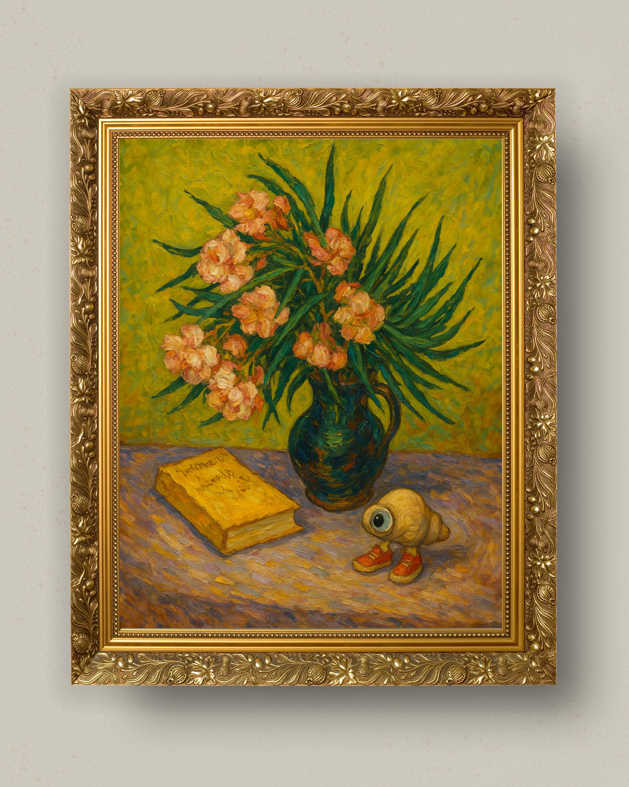 ヴァン・ゴッホ風の静物画とマルセル・ザ・シェル - ピンクの花、古書 