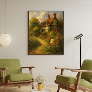 Op de afbeelding: Ingelijste kunstdruk van een huisje met een pad naar de voordeur. Het huisje heeft een rood pannendak en is omgeven door kleurrijke bloemen. Een stripfiguur kijkt uit de bloemen.