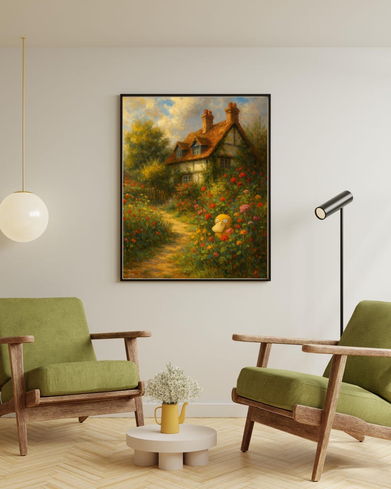 Op de afbeelding: Ingelijste kunstdruk van een huisje met een pad naar de voordeur. Het huisje heeft een rood pannendak en is omgeven door kleurrijke bloemen. Een stripfiguur kijkt uit de bloemen.