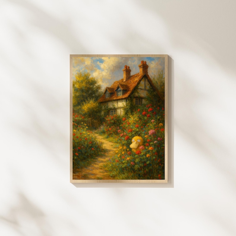 Op de afbeelding: Een ingelijst schilderij toont een schilderachtig huisje met een rood pannendak, omringd door weelderig groen en kleurrijke bloemen. Een gele stripfiguur piekt uit de bloemen. Het kunstwerk heeft een zachte, schilderachtige stijl.