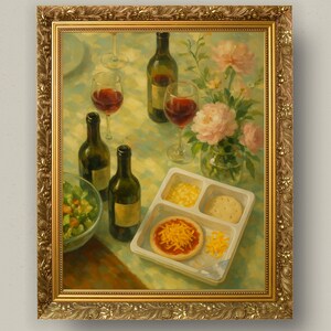 May include: An oil painting depicts a dining scene with wine bottles, glasses of red wine, and a small meal tray. A bowl of salad and a vase of pink flowers are also present. The painting is framed in a gold ornate frame.