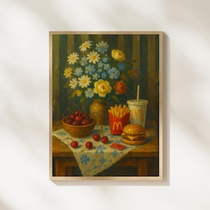 Still Life with McDonald’s Cheeseburger, Fries & Soda Beside Wildflowers and Cherries – Vintage Dutch-Style Oil Painting Remix