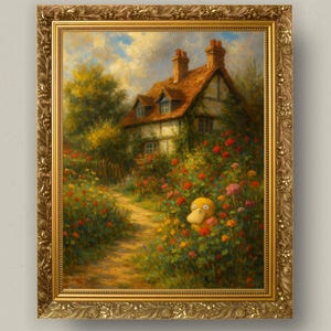 Op de afbeelding: Een ingelijst schilderij van een huisje met een rood pannendak, omringd door kleurrijke bloemen. Een geel stripfiguur piekt uit de bloemen. Het schilderij zit in een gouden, sierlijke lijst.